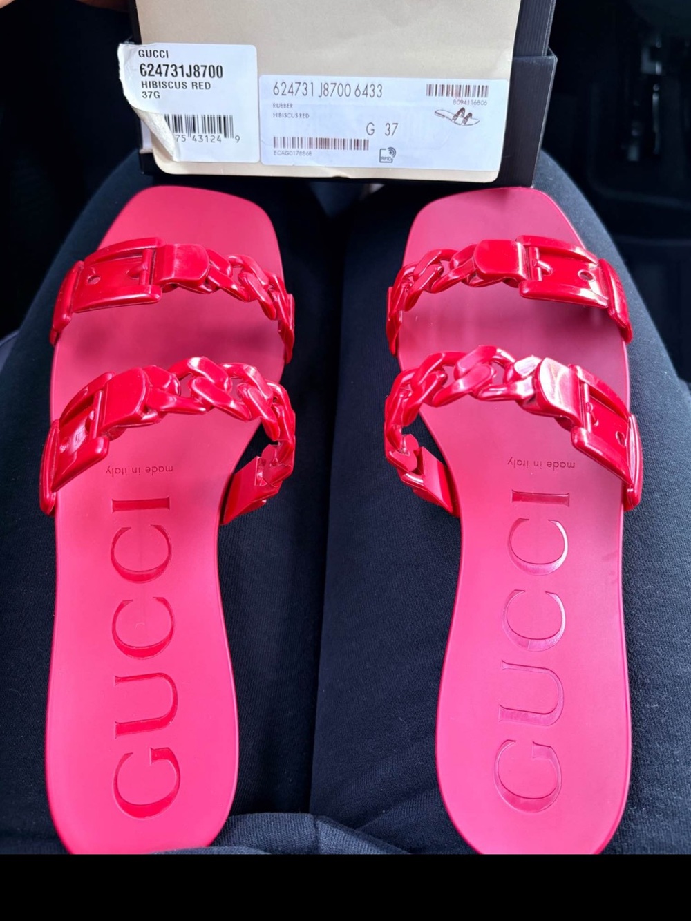 Gucci Hibiscus Red Double Chain-Strap Slide Sandals